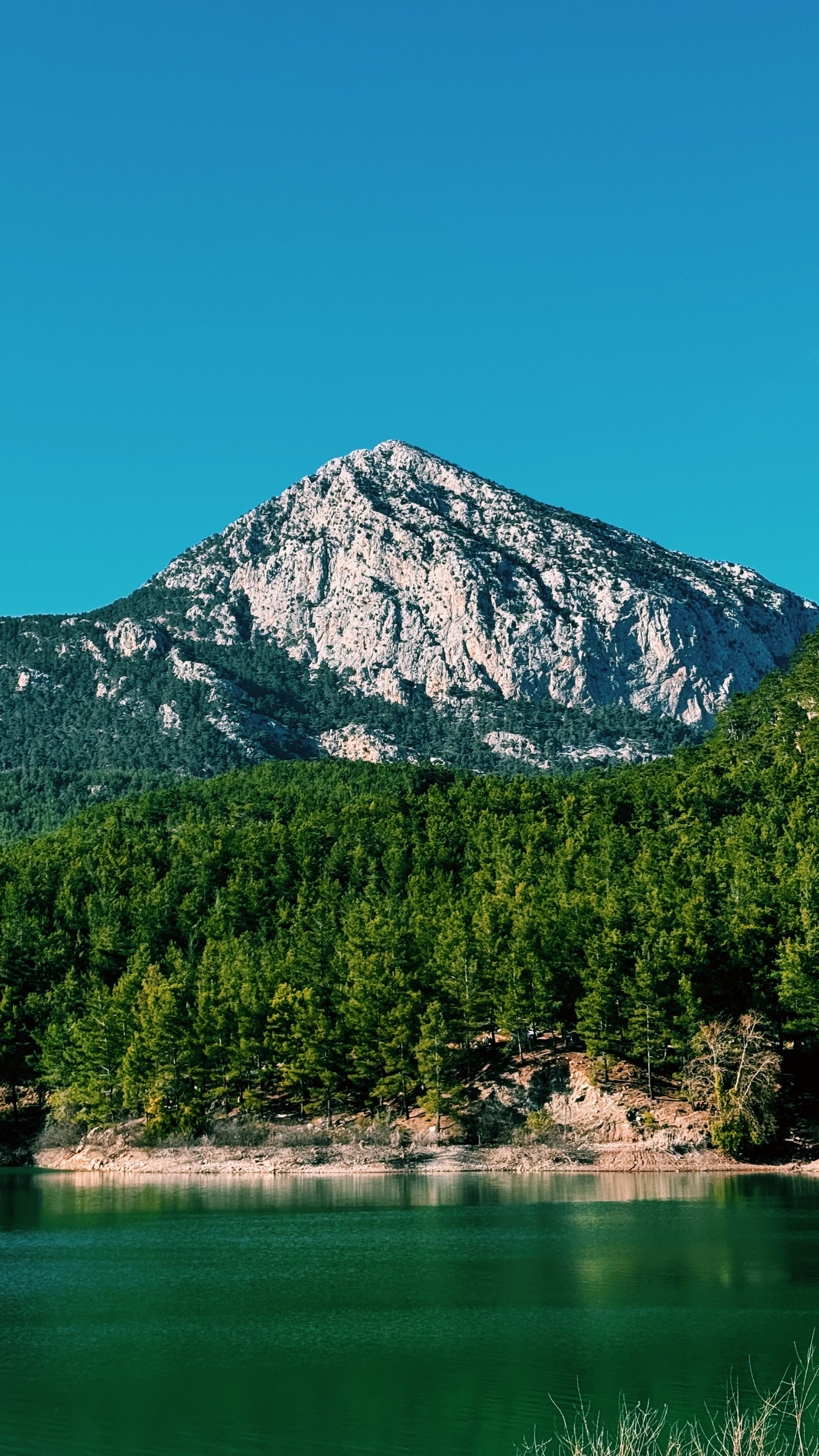 Scenic view of a mountain and pine trees at Doyran Lake, Antalya, Türkiye.