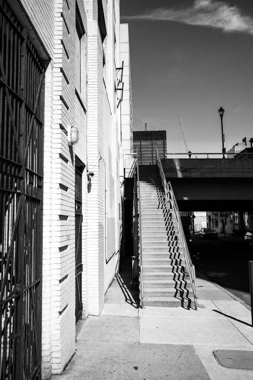 A black and white photo of a stairway