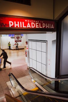 Welcome to Philadelphia sign at an airport with escalator and people in the background, capturing vibrant travel ambience.