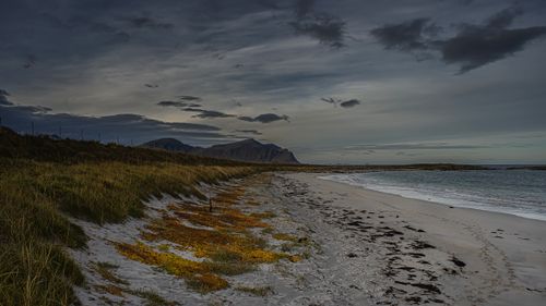 Free A tranquil beach with dramatic clouds and distant mountains along the coastline. Stock Photo