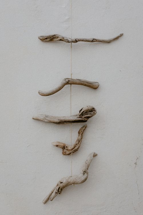 Free A minimalist driftwood art installation against a plain wall, perfect for interior decoration. Stock Photo