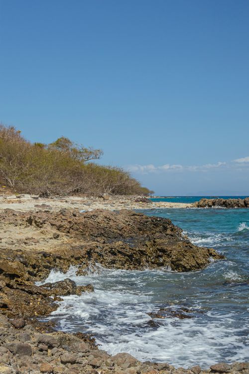 Free Explore the rugged beauty of a rocky shoreline with eroded cliffs and lush trees meeting the vibrant sea. Stock Photo