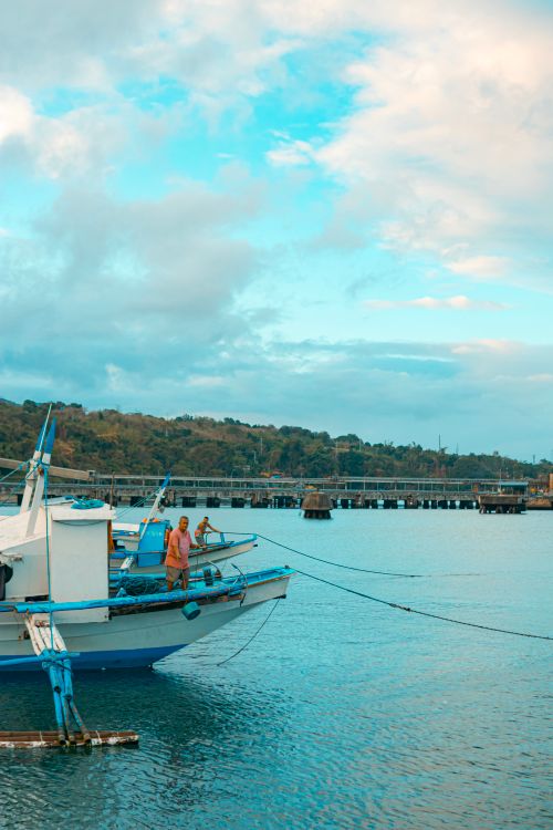 Free Tranquil scene of moored fishing boats with lush forest backdrop and distant pier. Stock Photo