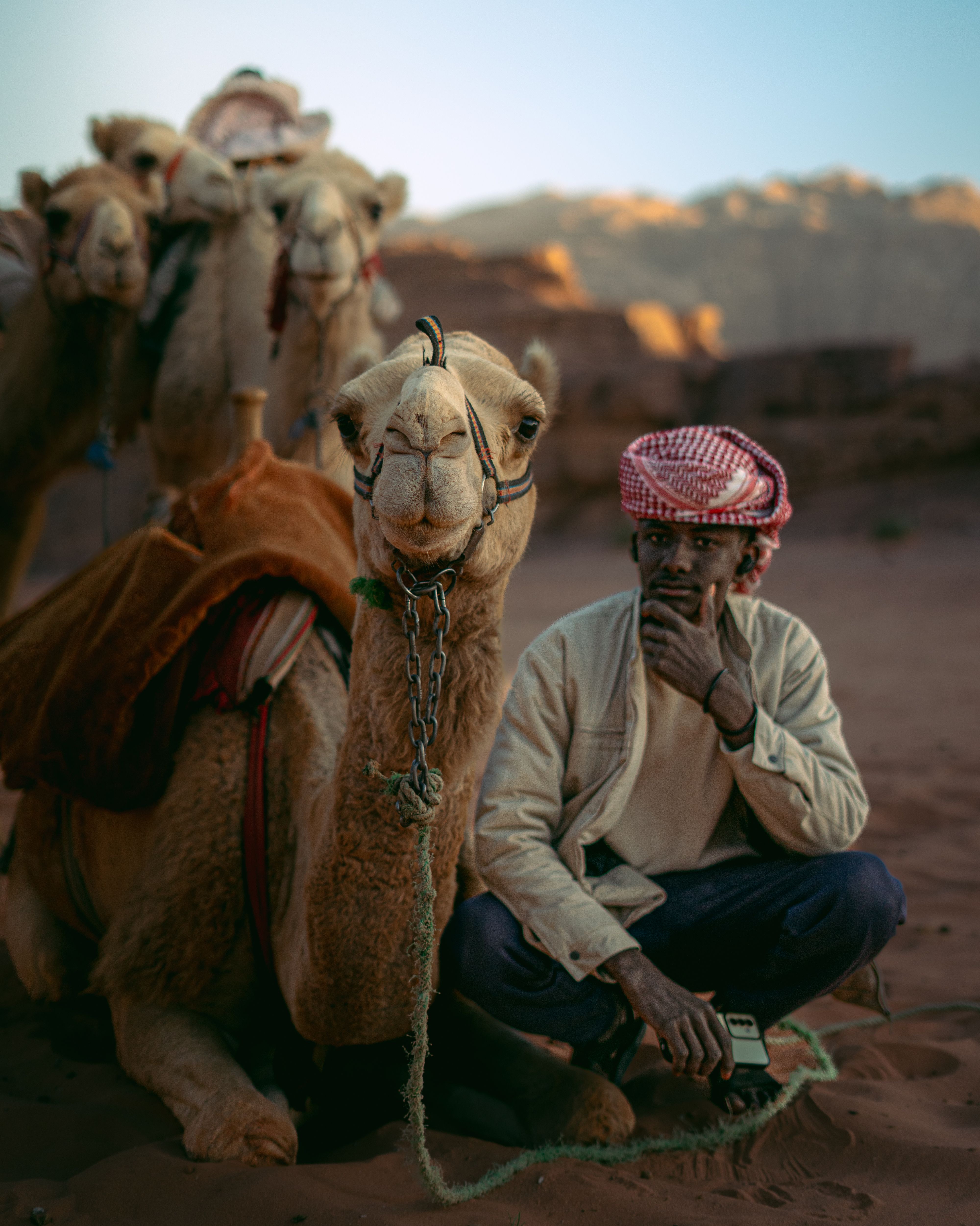 A man in traditional attire sitting with camels in a desert landscape.