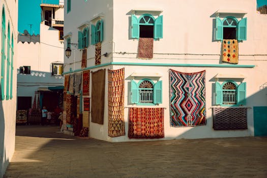 在摩洛哥阿西拉充满活力的街道上，传统编织地毯悬挂在带有绿松石百叶窗的白色建筑上