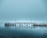 挪威特罗姆斯一座白雪皑皑的码头，在平静的冬日里显得格外宁静，呈现出极简主义的景观