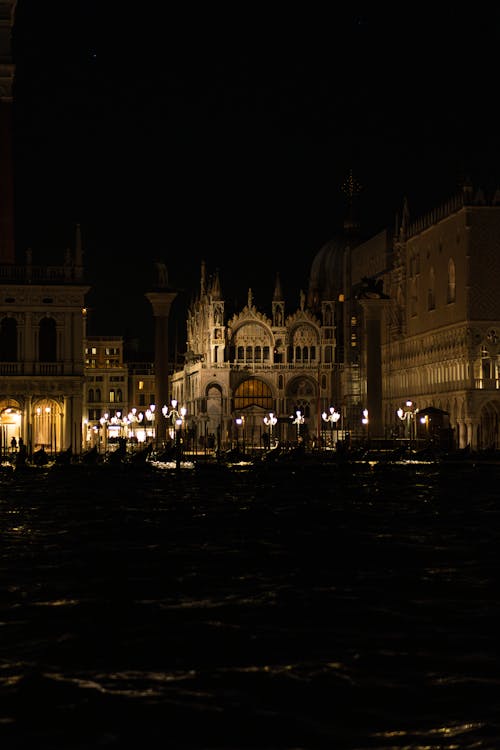 Venice at night with lights and buildings