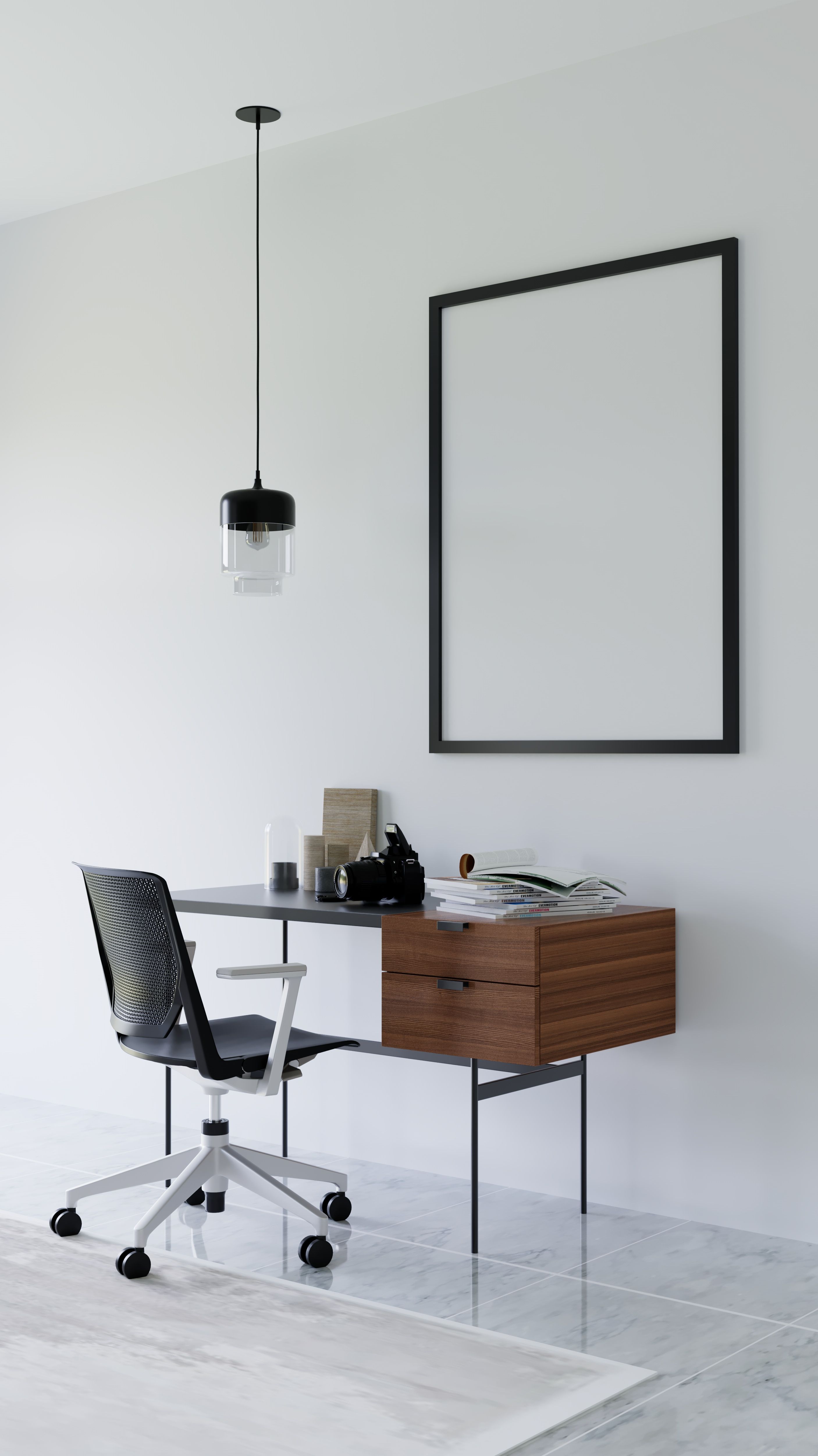 Stylish minimalist office setup with desk, chair, and framed artwork in bright space.
