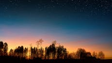 日落宁静，树木轮廓之上布满星空，非常适合作为背景