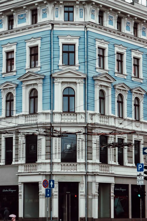 Free A historic blue and white building with intricate architecture in downtown Riga, Latvia. Stock Photo