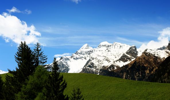 Scenic view of the snow-capped Alps with lush green foreground in Trentino-South Tyrol, Italy.