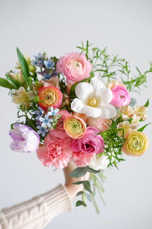 Free Colorful arrangement of spring flowers held in hand with a soft white background. Stock Photo
