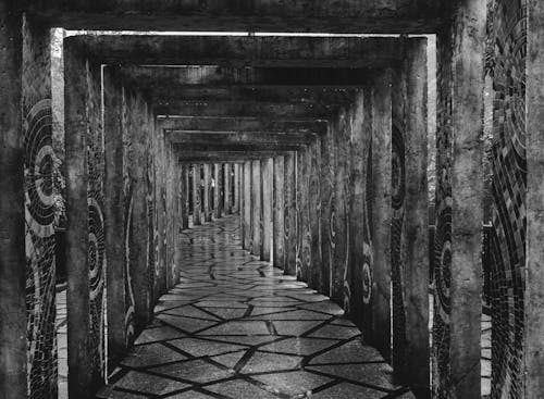 A black and white photo of a tunnel