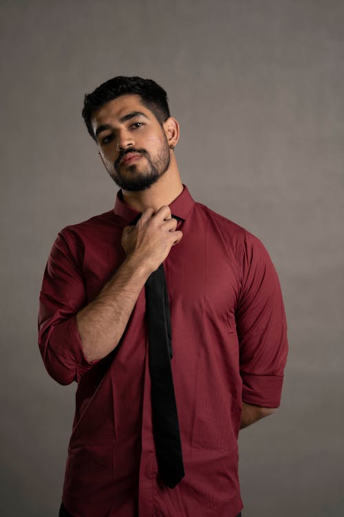 Portrait of Brunette Man in Red Shirt