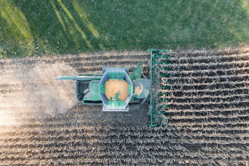 An aerial view of a combine harvester