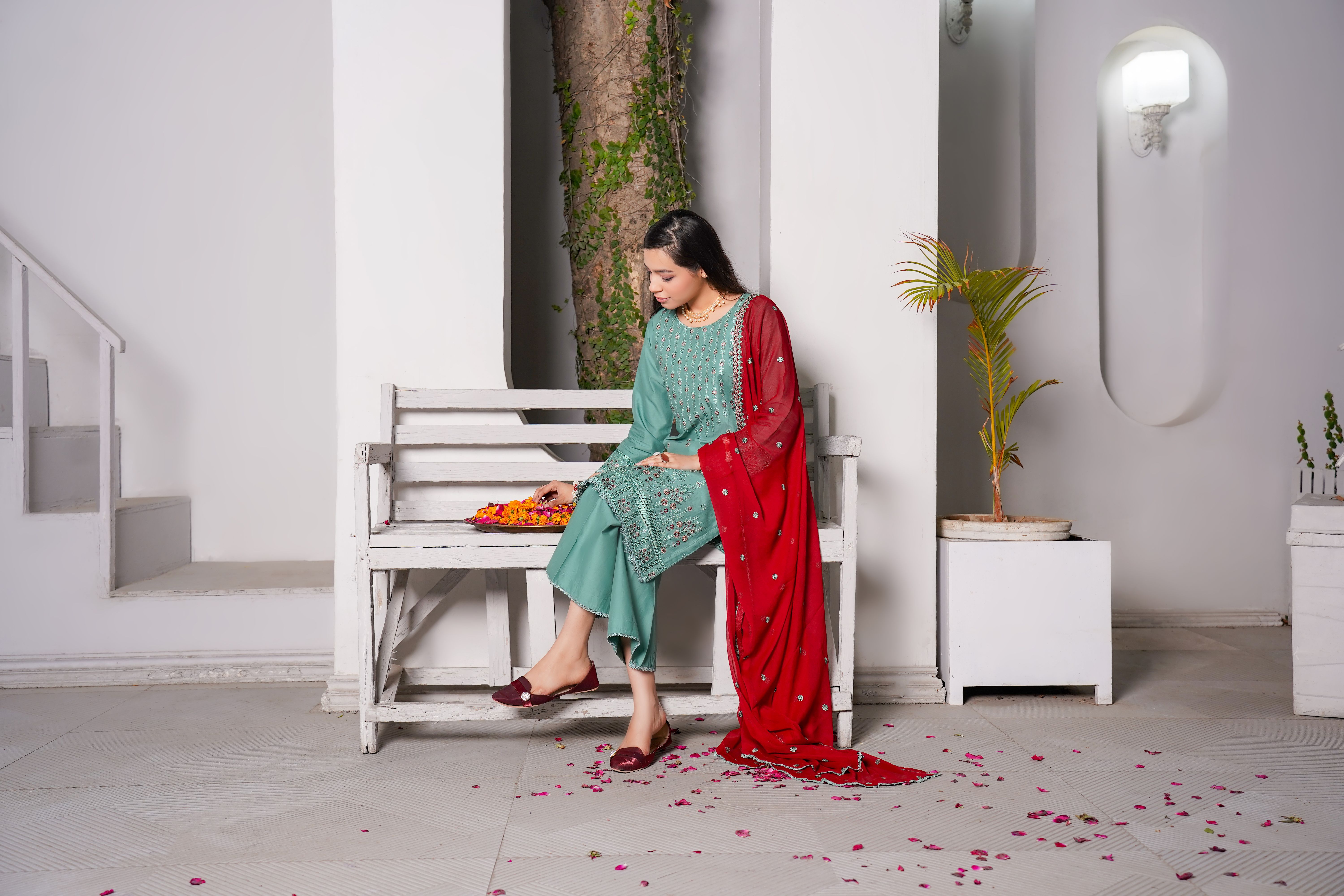 Brunette Woman Sitting in Traditional Dress and Veil on Bench · Free ...