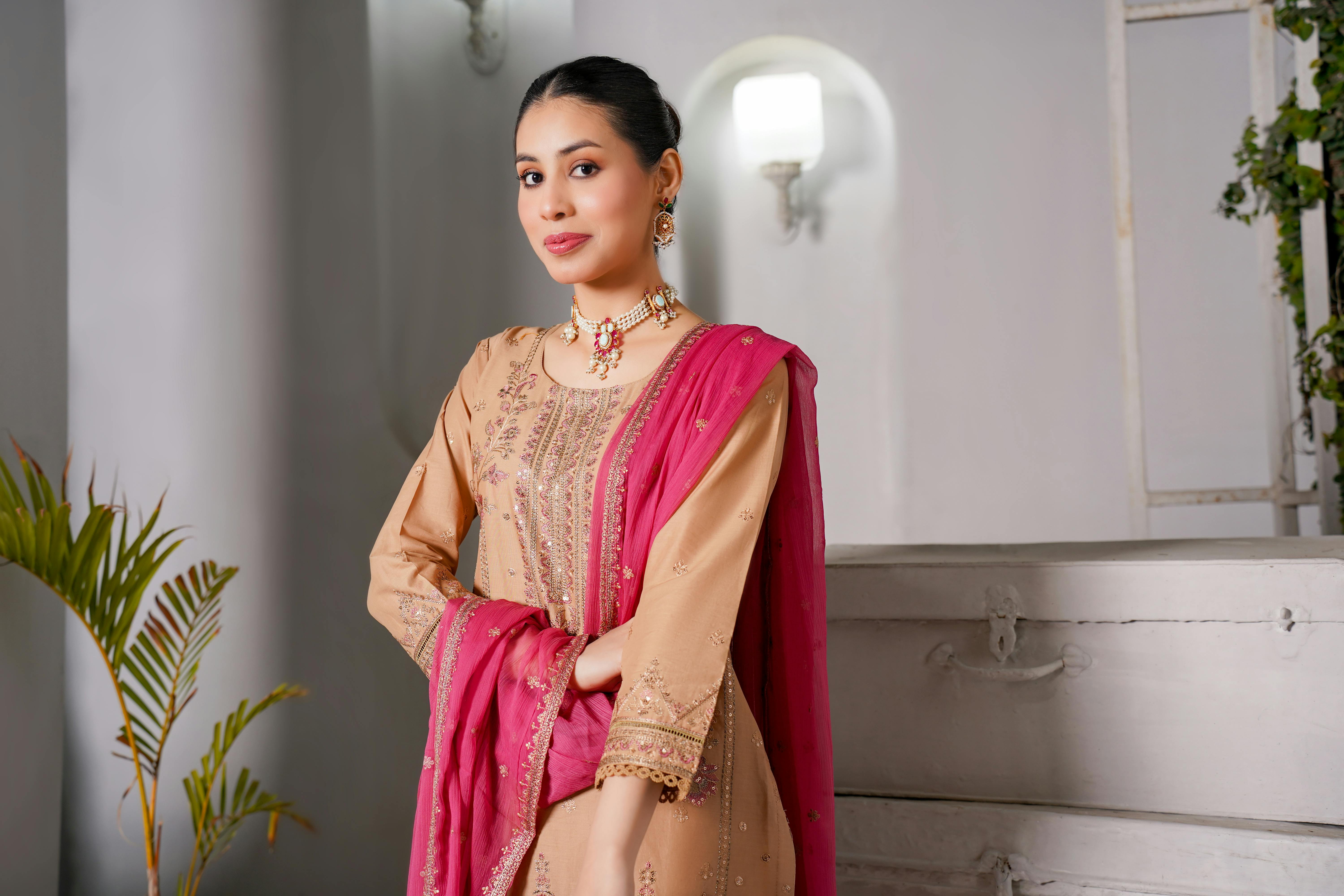 portrait of brunette woman in traditional clothing