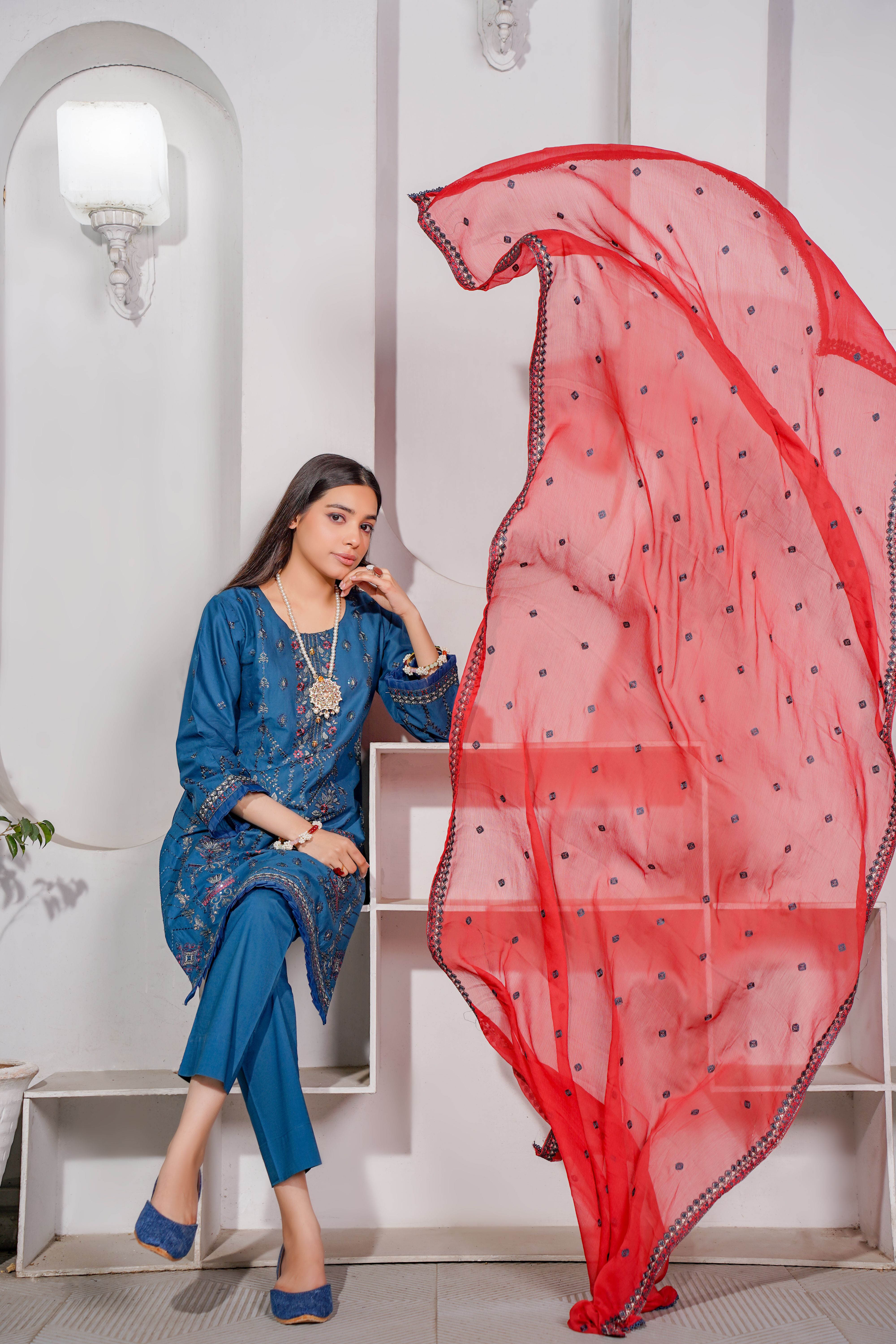 Blue Traditional Pakistani Dress Red Veil