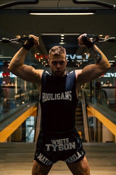 A muscular man performs an intense exercise in a trendy gym environment, showcasing strength and determination.