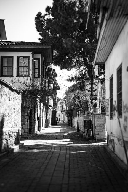 A picturesque urban alleyway captured in black and white, showcasing historic buildings.