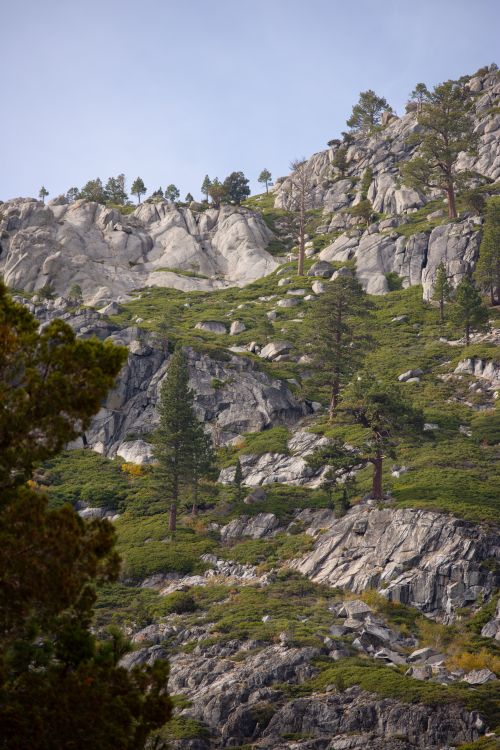 Free Explore the rugged beauty of Emerald Bay's rocky mountainside with lush greenery. Stock Photo