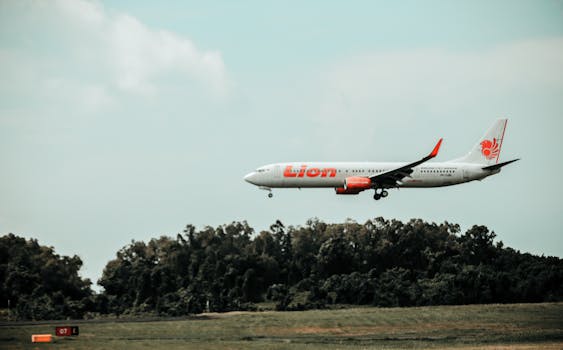 Lion Air plane descends for landing over tree-lined runway area in daylight.