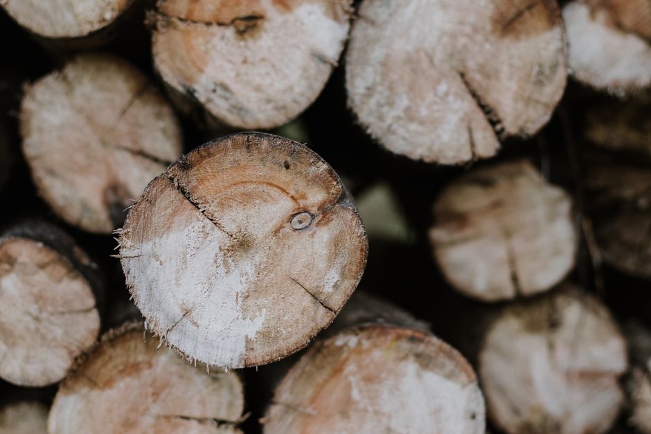 Close-up of stacked brown logs with textured bark, perfect for woodworking projects.