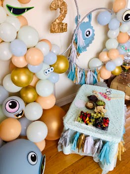 Vibrant balloon decorations and snacks for a children's birthday celebration.