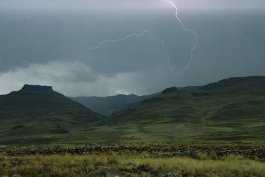 Capture the majestic thunderstorm over the green hills of Cusco, Peru.