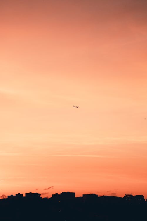 日没に向かう飛行機