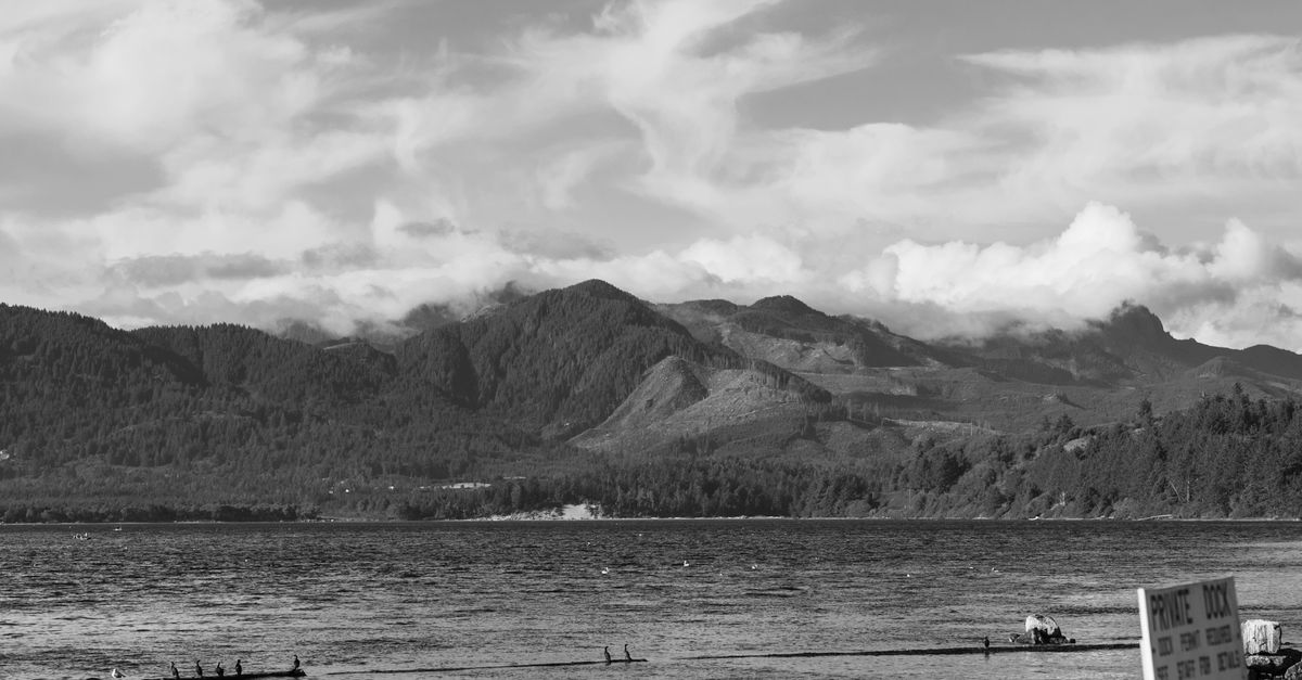 Black and white image showcasing mountains and bay in Wheeler, Oregon under a cloudy sky.