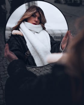 Elegant woman with blonde hair and scarf pictured through a mirror, showcasing urban fashion during winter.