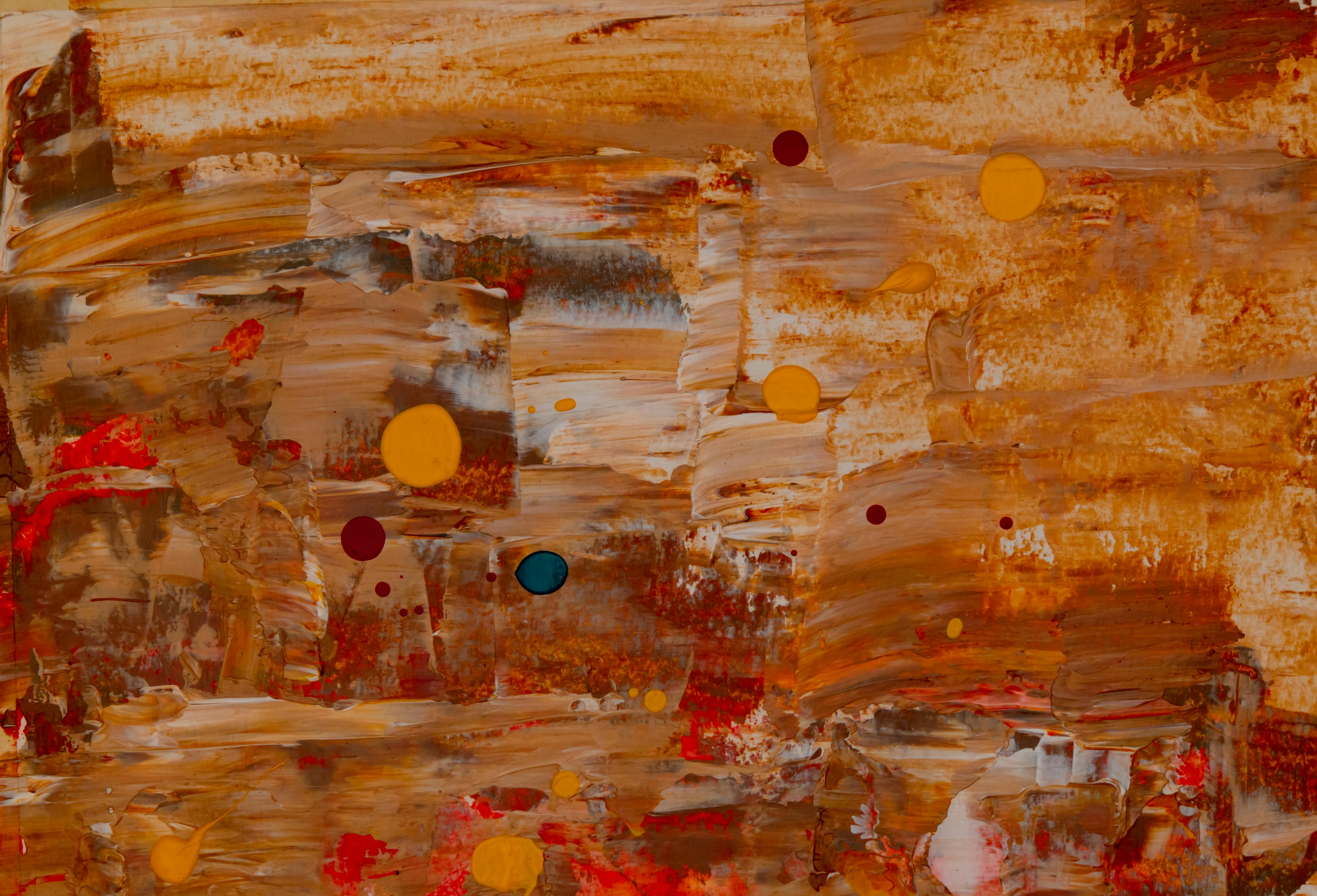 这幅充满活力的抽象画，笔触带有温暖的泥土色调和纹理