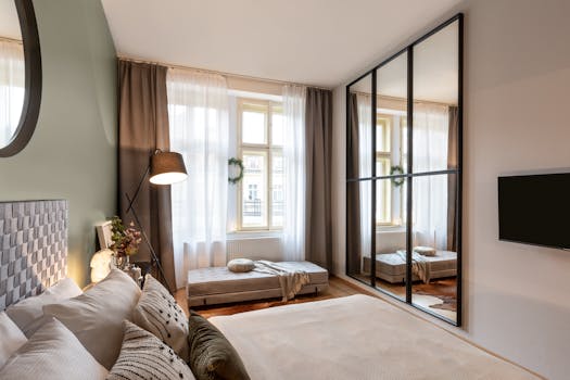 A cozy, contemporary bedroom interior in Prague featuring minimalist decor and natural lighting.