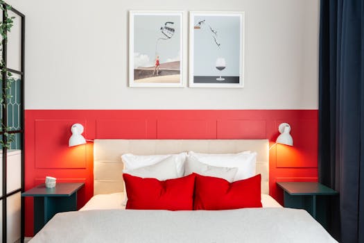 Stylish bedroom in Prague with red and white decor, featuring abstract wall art.