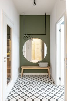 Elegant interior of a modern hallway with a large round mirror, stylish tiles, and green accent wall.