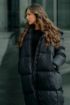 Fashionable woman wearing a black puffer coat standing outside in Berlin, showcasing urban style.