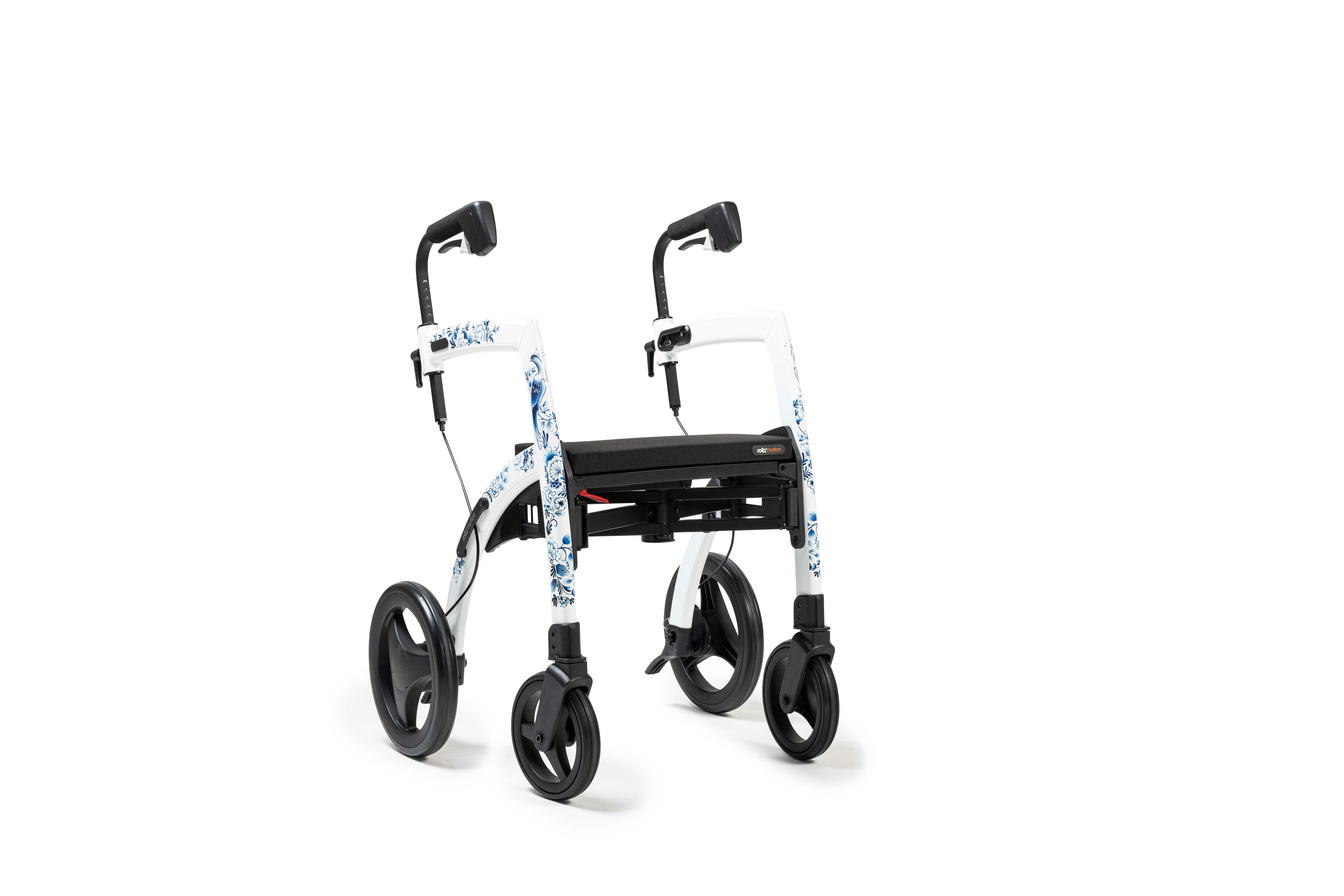 A sleek, modern rollator walker featuring a white floral design against a white background.