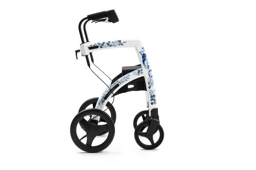 Stylish rollator walker with floral design, perfect for mobility assistance.