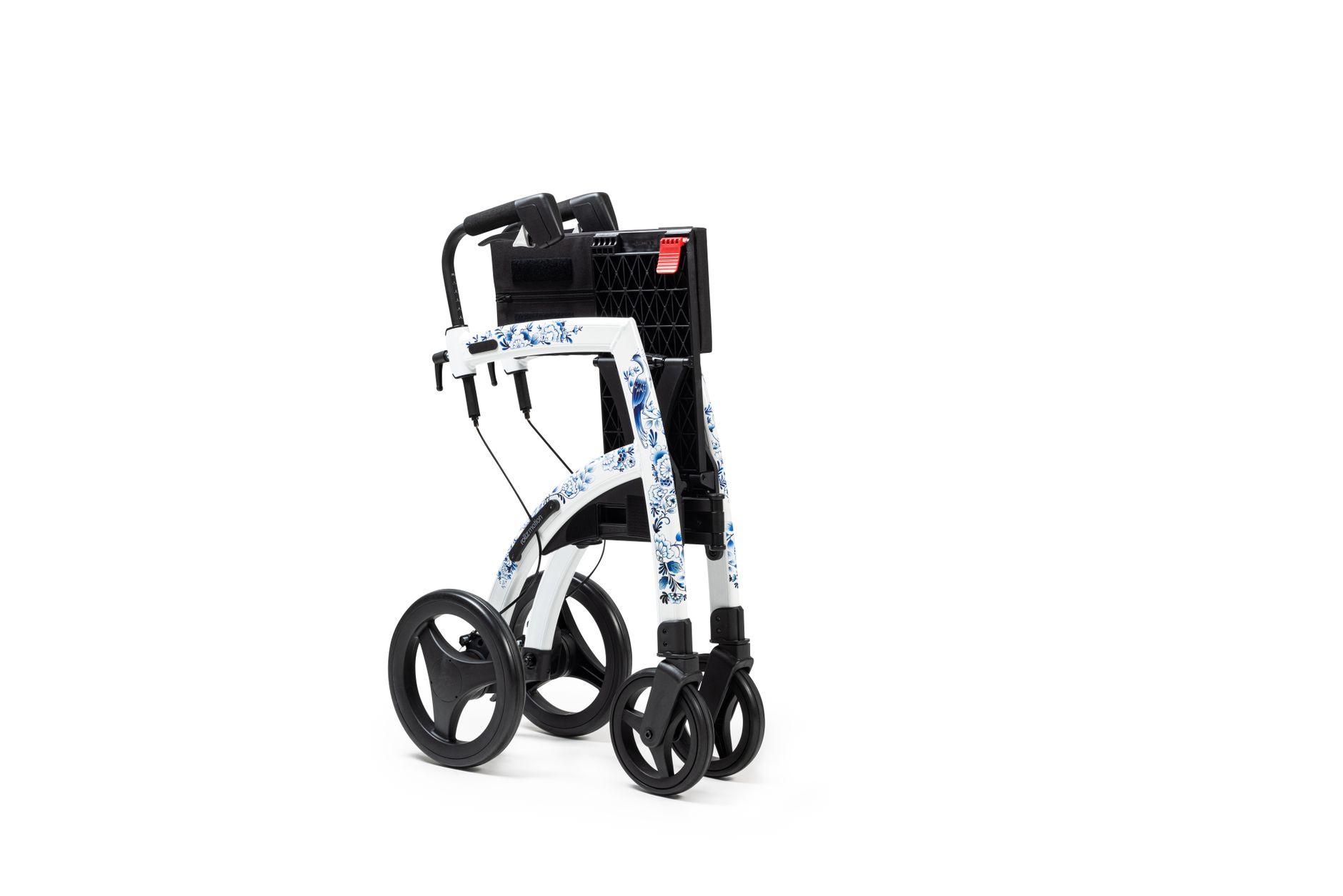 Stylish rollator walker with a floral pattern on a white background for enhanced mobility and support.