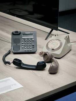 Contrasting vintage rotary and modern push-button phones on a desk in Malawi.