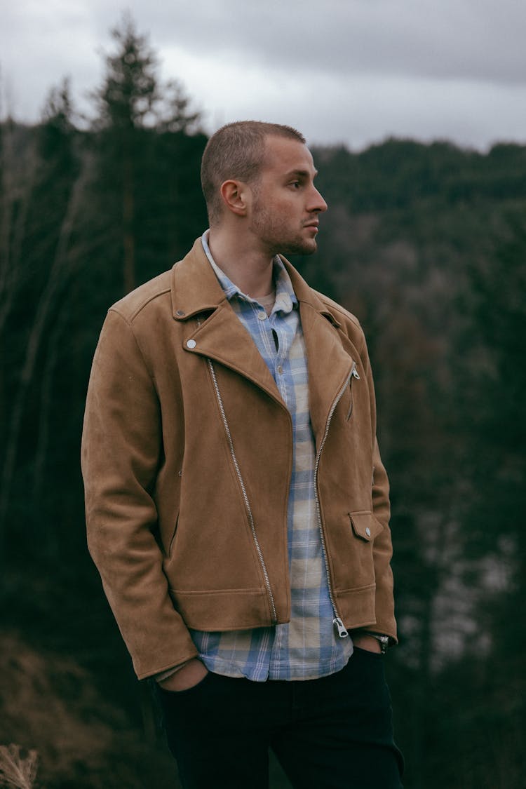 Fashionable Man In A Checkered Shirt And Brown Jacket Standing Outside 