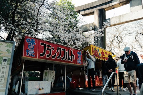 Tourists Walking near the Gate and Food Stalls at the Ueno Toshogu Shrine in Tokyo, Japan 