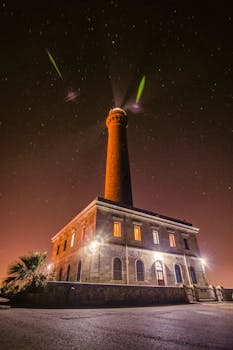 Cabo de Palos Lighthouse illuminated under a starry night sky, showcasing its architectural beauty.