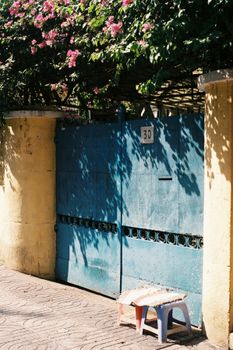 A rustic blue gate with a number 30, surrounded by vibrant pink flowers under sunlight.