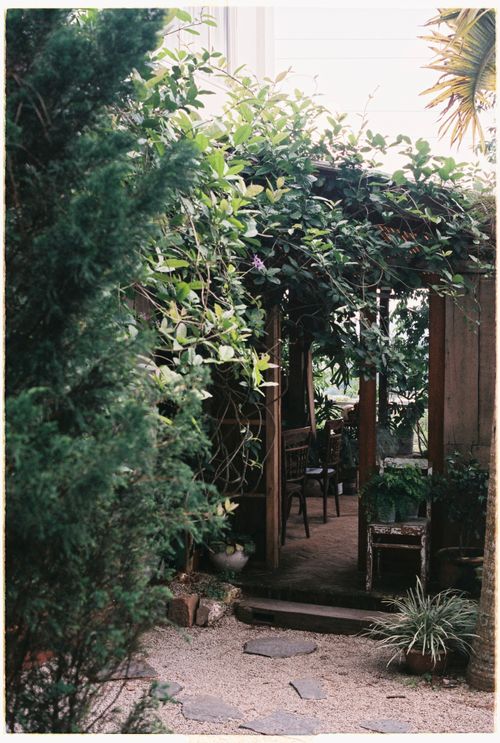 Free A cozy outdoor terrace surrounded by lush plants and wooden pergola, perfect for relaxation. Stock Photo