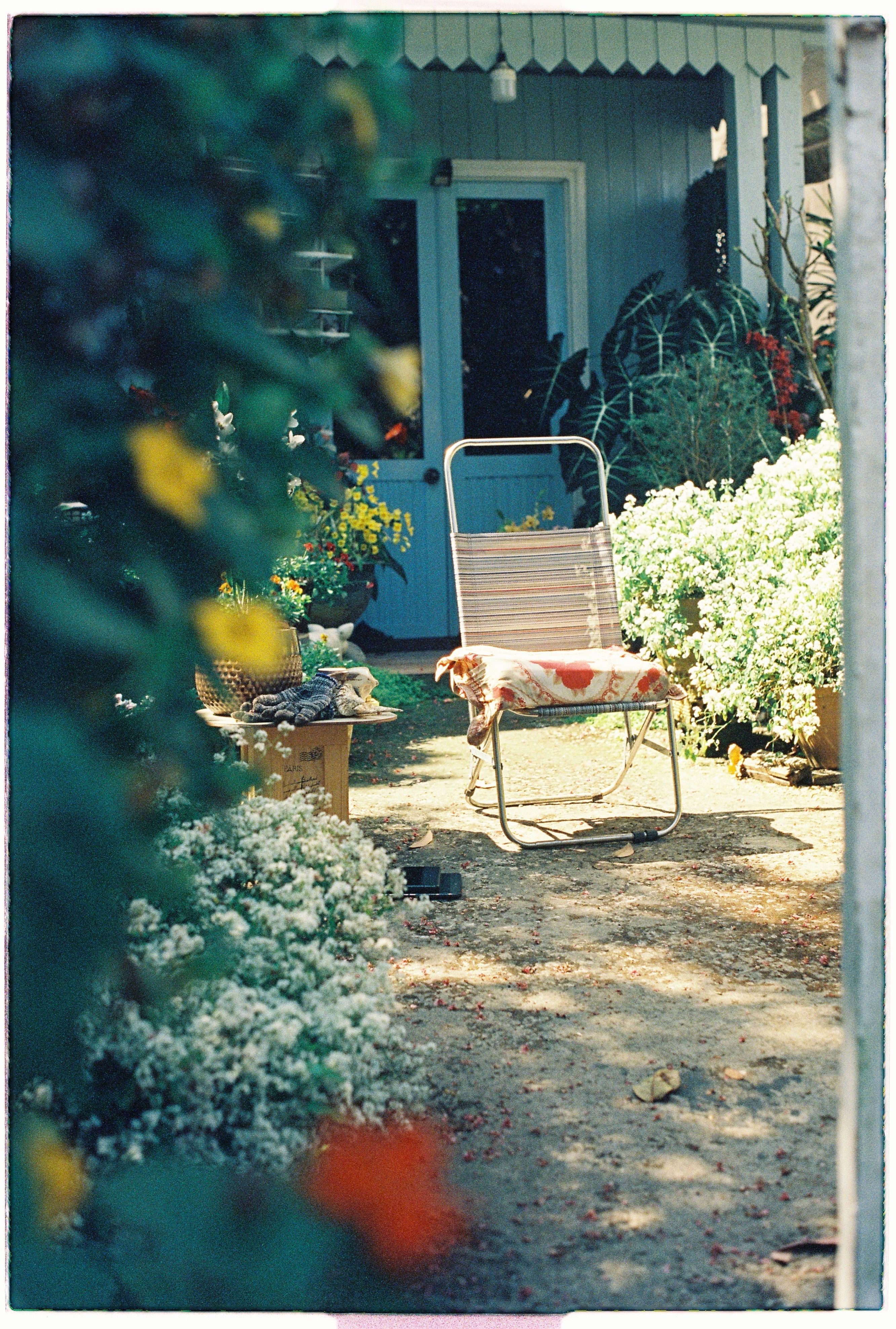 A tranquil garden setting featuring a lounge chair surrounded by vibrant flowers.