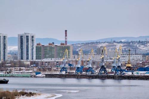 A city with a harbor and some buildings