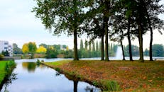 宁静的公园里，树木倒映在水面上，呈现出明亮的秋日色彩