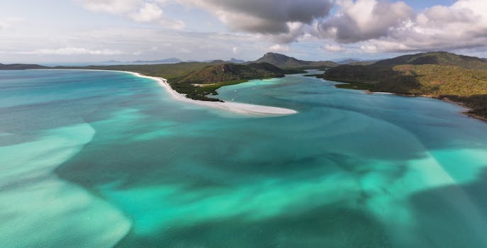 Stunning aerial view of Whitsundays showcasing vibrant sea colors and lush landscapes.